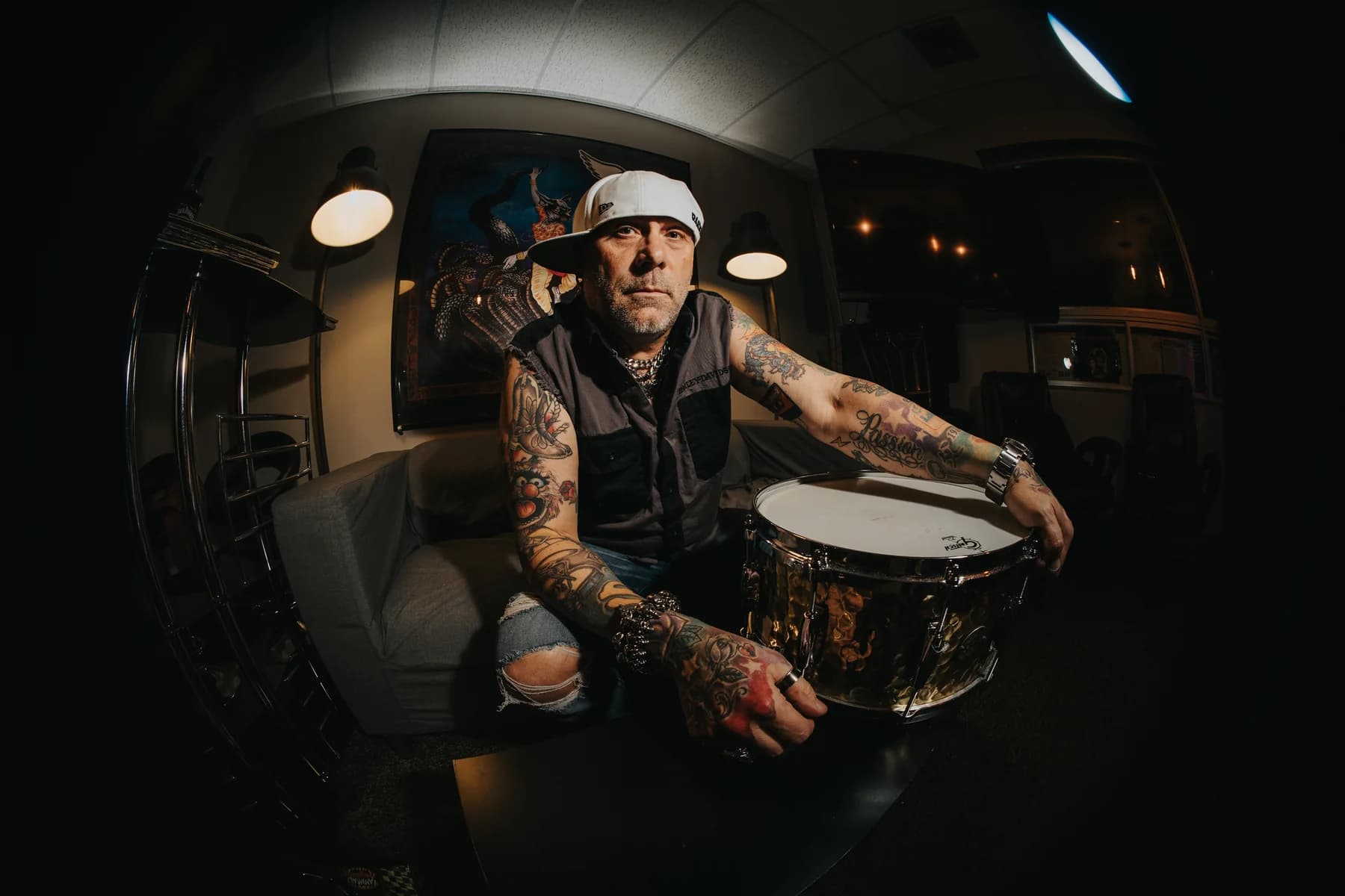 Shane with a snare in the studio