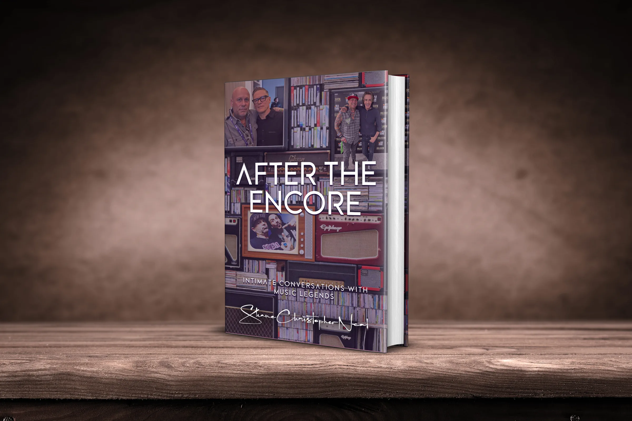 After the Encore book mockup on a warm studio surface